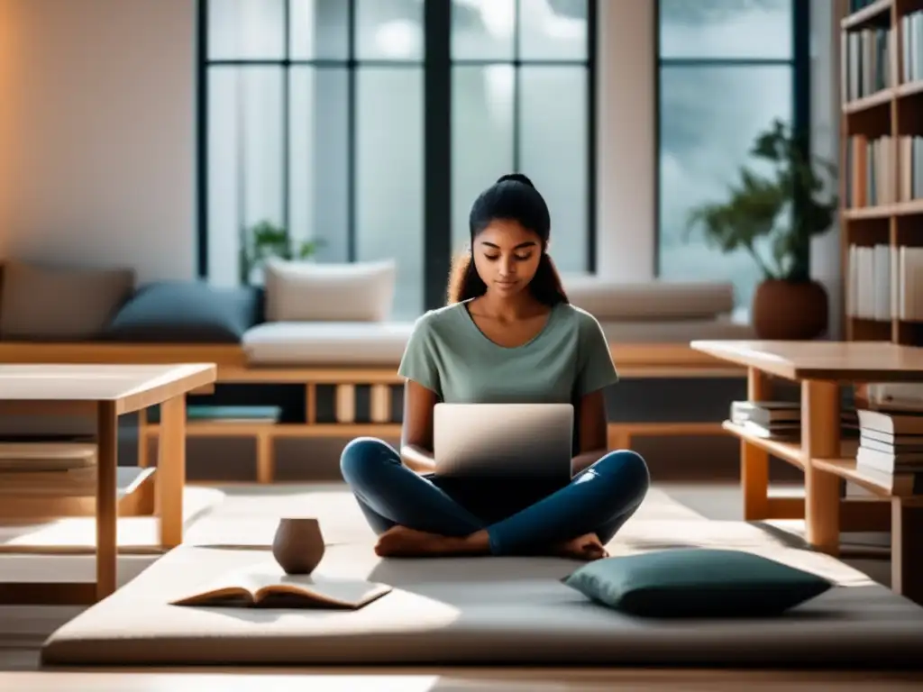 Estudiante concentrado en ambiente tranquilo Sereno estudiante enfocado en entorno tranquilo, promoviendo mindfulness en admisiones universitarias