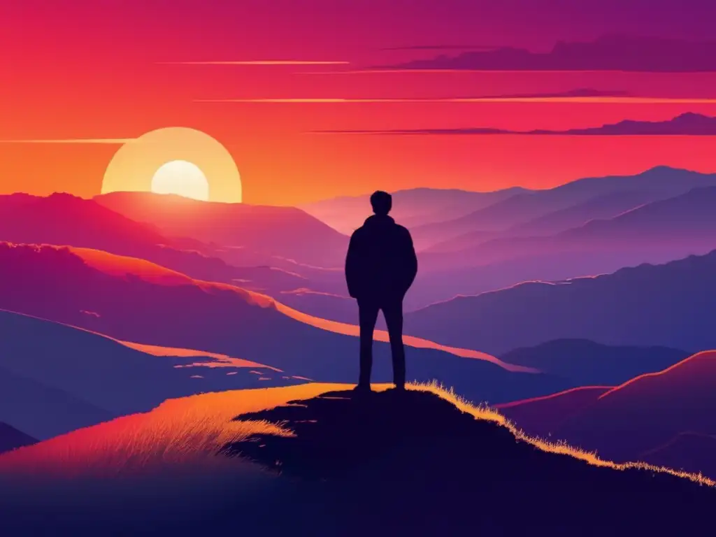 Persona en el borde del acantilado Silueta en el borde del acantilado, mirando paisaje amplio al atardecer