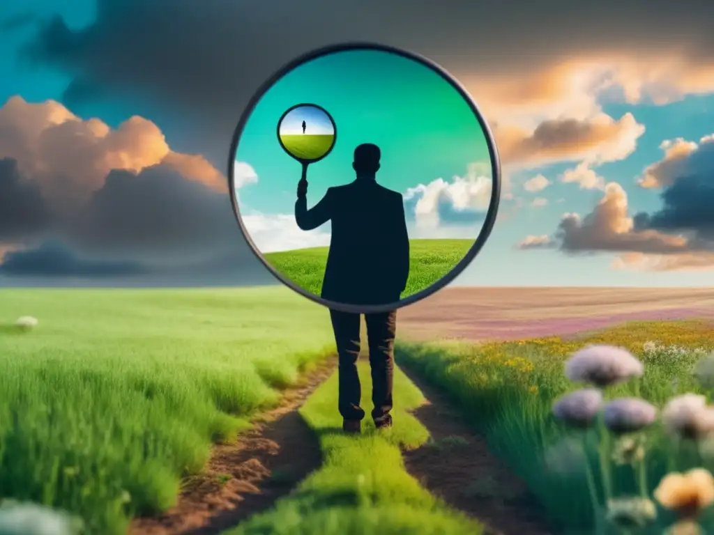 Persona reflexiva: La importancia del pensamiento crítico Silueta en campo abierto, mitad verde y flores, mitad seca