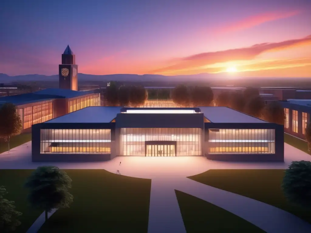 Universidad moderna al atardecer Silueta de un campus universitario al atardecer: Proceso de admisiones universitarias