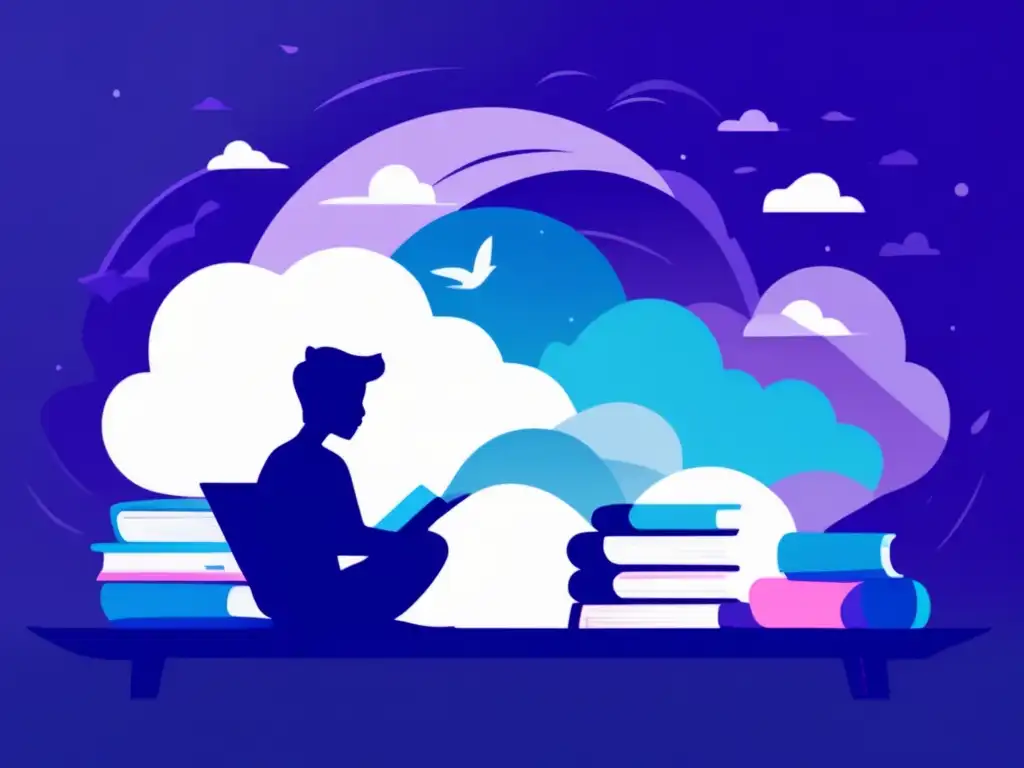 Estudiante estresado en medio de la tormenta de libros y preocupaciones Silueta estudiante estresado rodeado de libros, papeles y nubes de preocupación