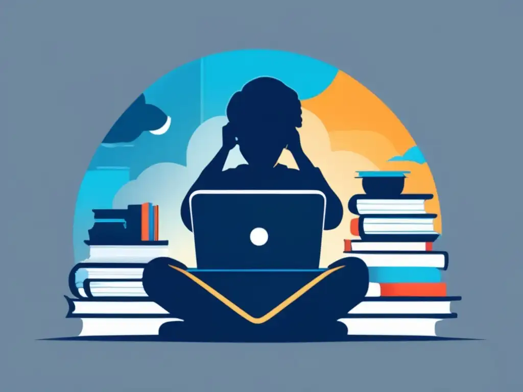 Estudiante estresado en escritorio rodeado de libros y papeles Silueta estudiantil bajo presión: Efectos del perfeccionismo en salud mental universitaria