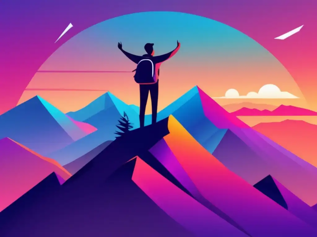 Éxito en la cima Silueta triunfante en la cima de una montaña, con estrategias para superar la ansiedad en exámenes de admisión