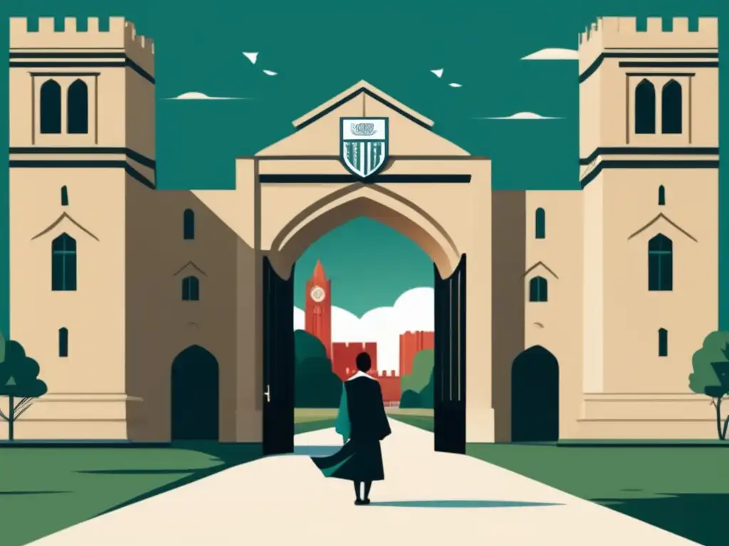 Impostor en la universidad Síndrome del Impostor en admisiones universitarias: persona en la entrada de una universidad, dudando y sintiéndose abrumada