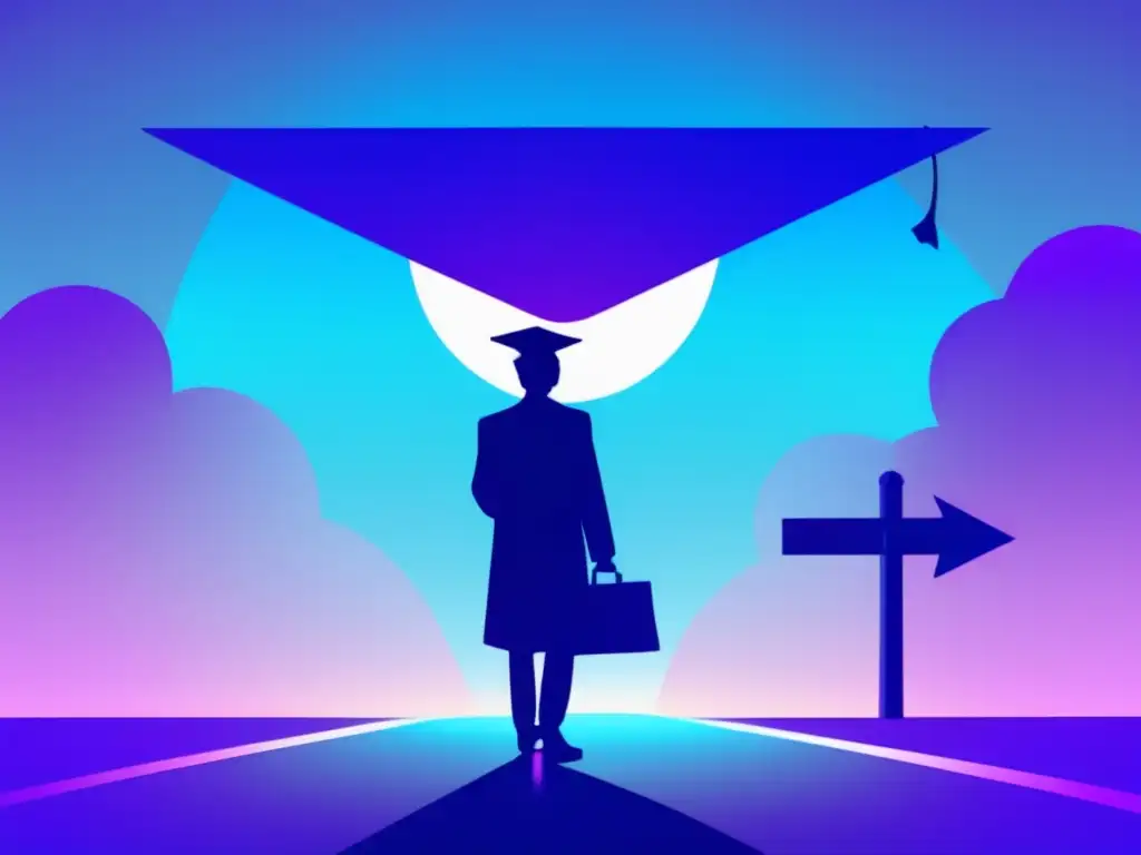 Decisión de carrera: graduación y reflexión Síndrome impostor en elección de carrera: persona reflexiona en cruce con gorro y maletín
