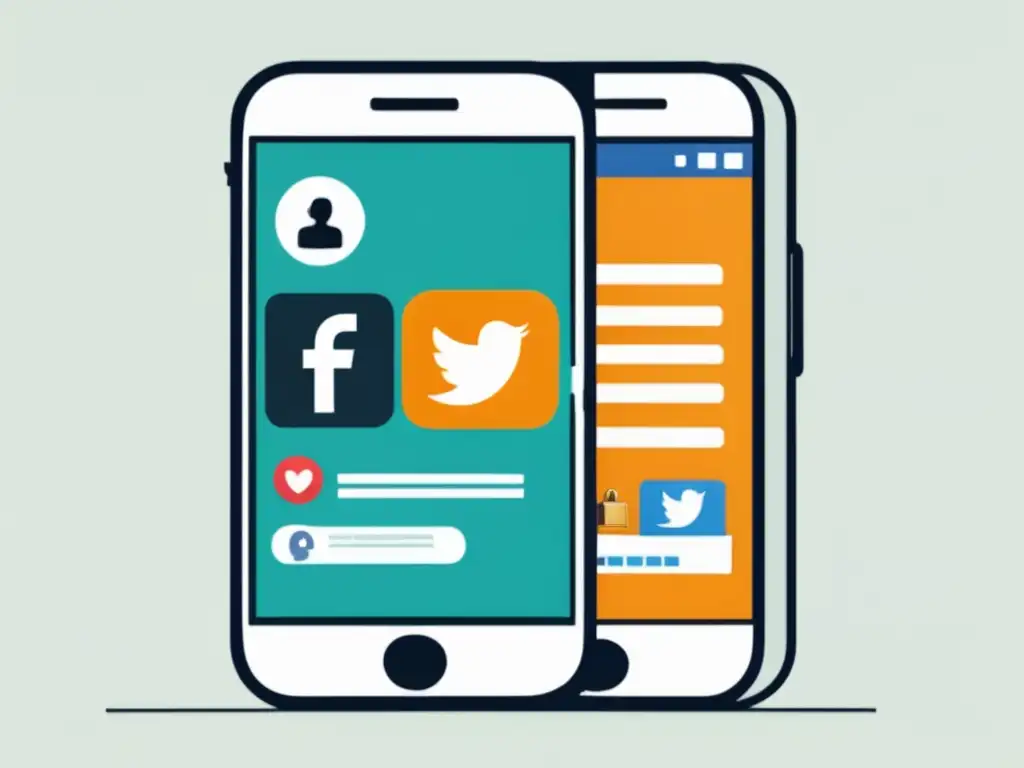 Privacidad en redes sociales: riesgos y seguridad Un smartphone dividido en dos secciones: perfil de redes sociales con información personal y sección segura con candado