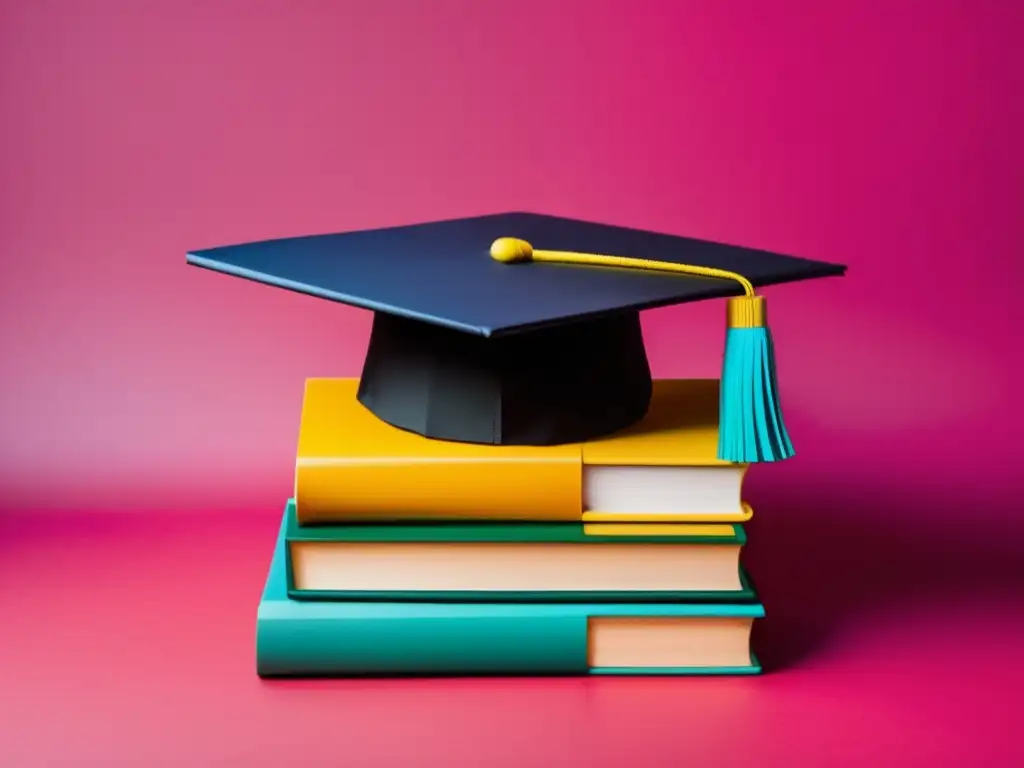 Libros coloridos con gorra de graduación Soluciones financieras para estudiar: imagen minimalista y moderna de libros coloridos con una gorra de graduación en la parte superior