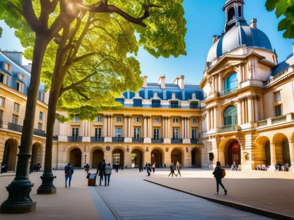 Universidad Sorbonne: Tradición y excelencia Sorbona, universidad icónica en París, con detalles arquitectónicos magníficos y estudiantes en el proceso de admisiones