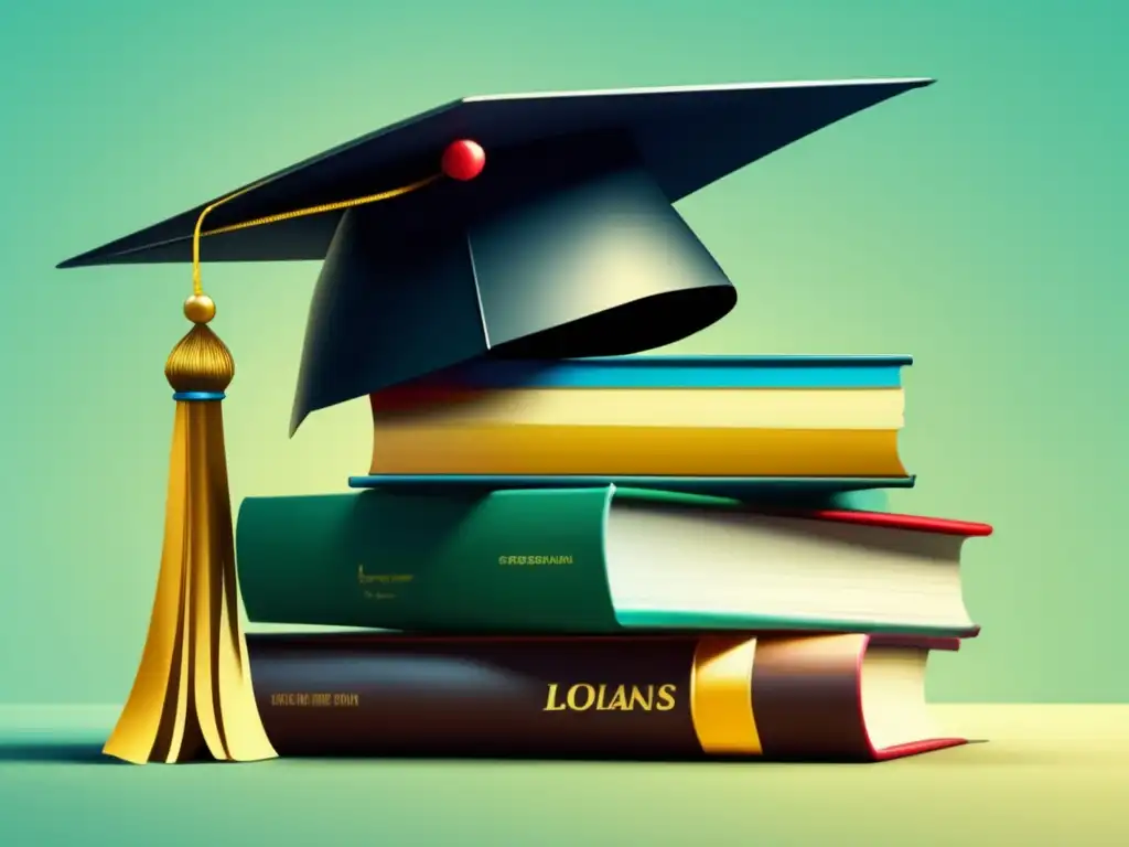 Educación y préstamos estudiantiles: libros y gorro de graduación Stack de libros con gorro de graduación, símbolo de educación y préstamos estudiantiles