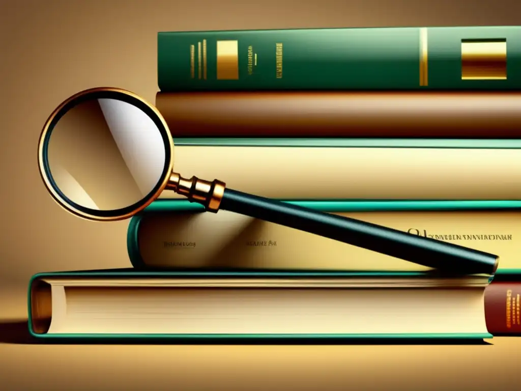 Libros y lupa: Conocimiento y detalle Stack de libros con lupa, representando conocimiento y corrección gramatical