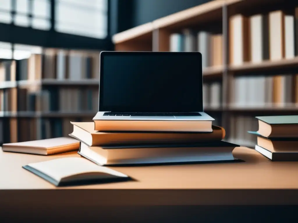 Escritorio organizado con libros y recursos académicos Stack de libros organizados y recursos académicos en un escritorio, iluminado suavemente, transmitiendo calma y enfoque