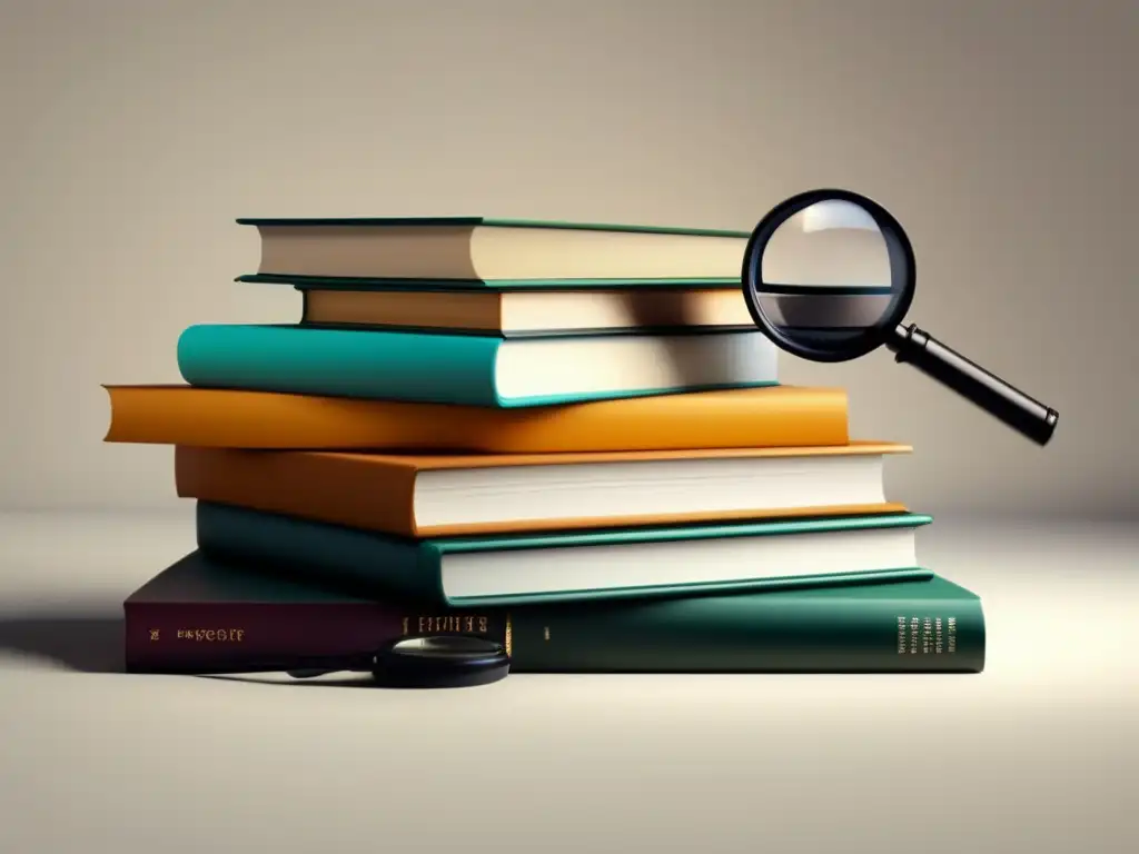 Pila de libros con lupa Stack of colorful books with magnifying glass showcasing 'Mejores consejos para ensayos universitarios'
