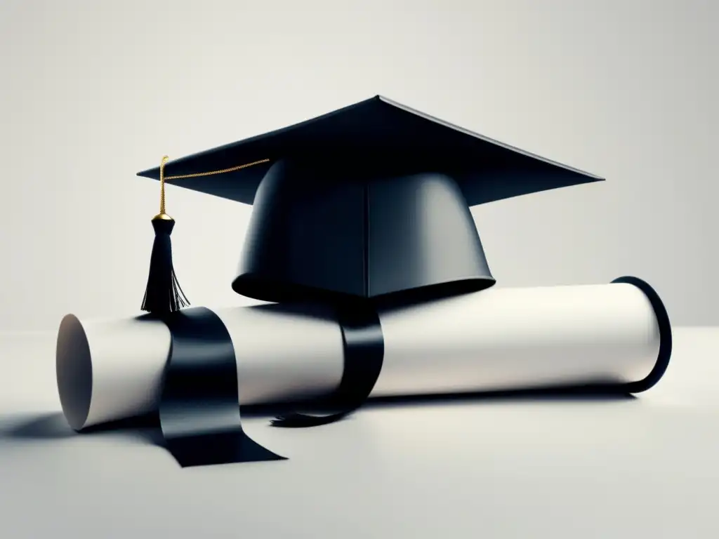 Graduación elegante y minimalista Subvenciones y ayudas universitarias disponibles - Imagen minimalista y moderna de un birrete y diploma, elegantes y arreglados sobre fondo blanco