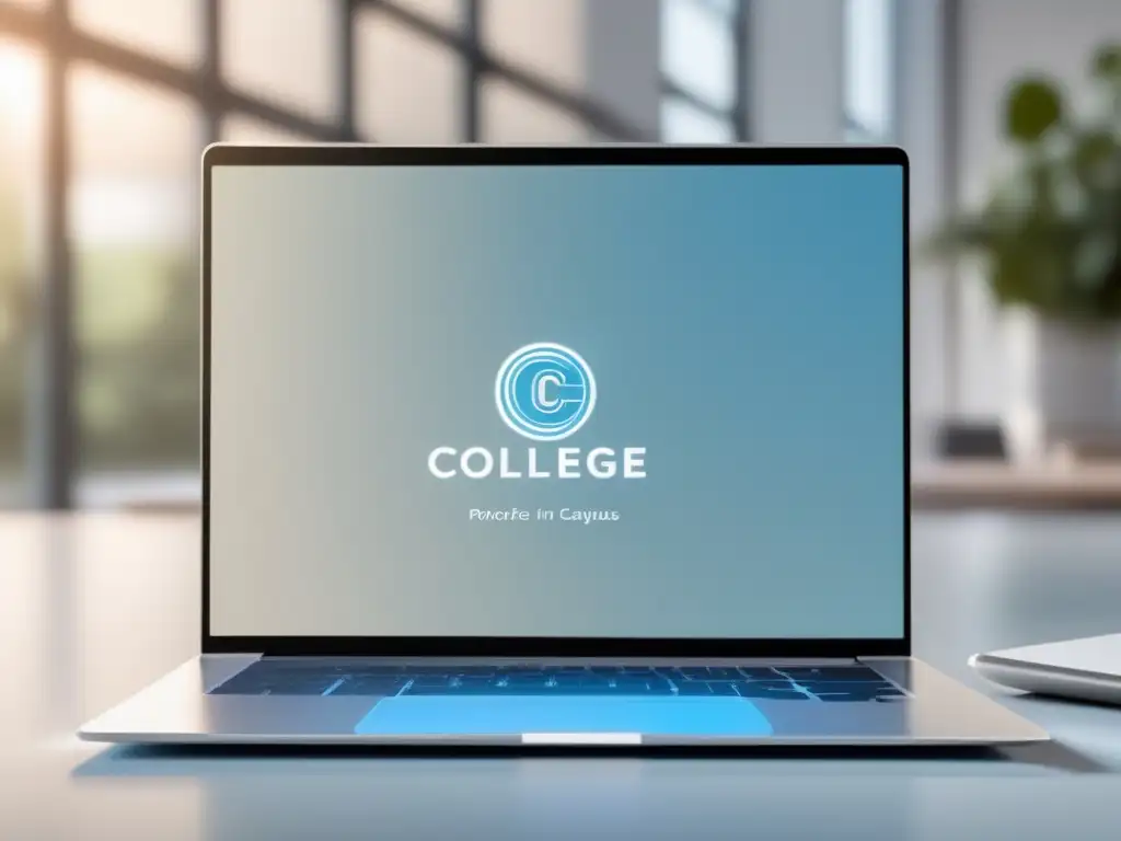Asesor de admisión ayudando a estudiantes Tácticas de asesoría universitaria eficaces - Diseño minimalista y moderno con un elegante laptop plateado mostrando una universidad vibrante