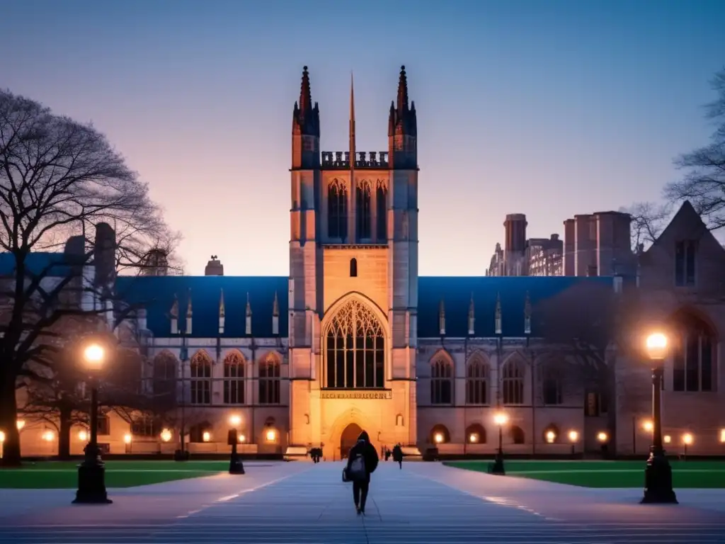 Yale University al atardecer, arquitectura gótica y estudiante caminando Tácticas infalibles admisiones universitarias Yale: majestuosidad gótica y caminos iluminados en una imagen que inspira el sueño Ivy League