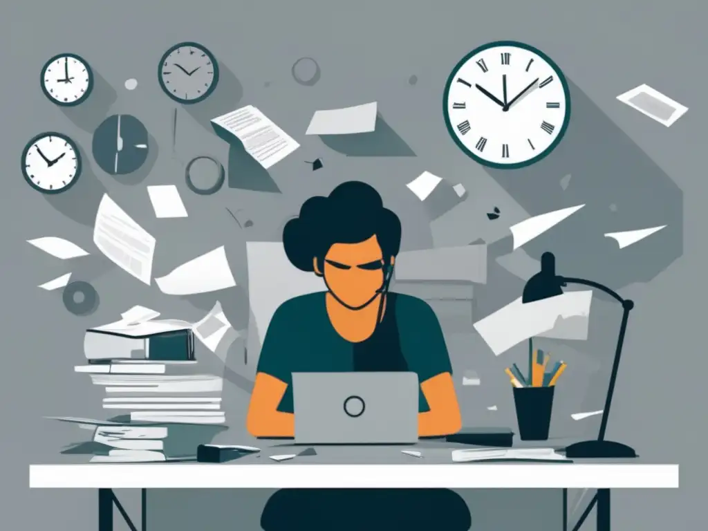 Estrés y frustración por la procrastinación Tácticas motivación universitaria, persona frustrada en escritorio desordenado mirando reloj, estrés y procrastinación