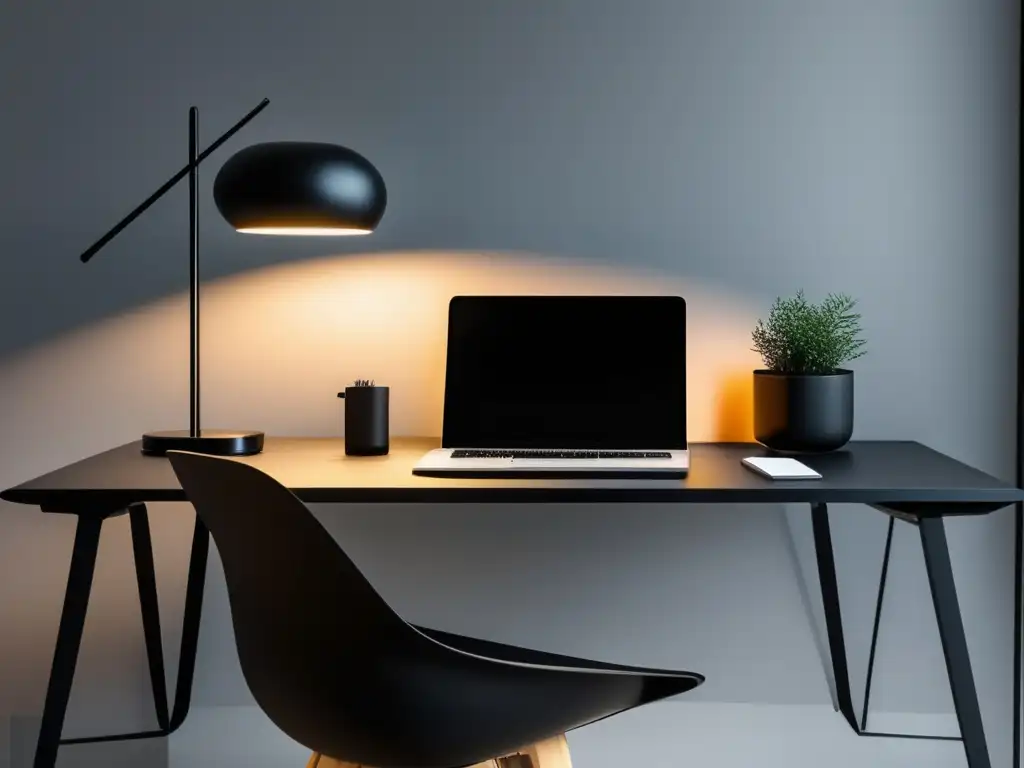 Escritorio minimalista en una oficina moderna Priorización de tareas: Escritorio minimalista en una oficina moderna, con laptop, libreta y lámpara
