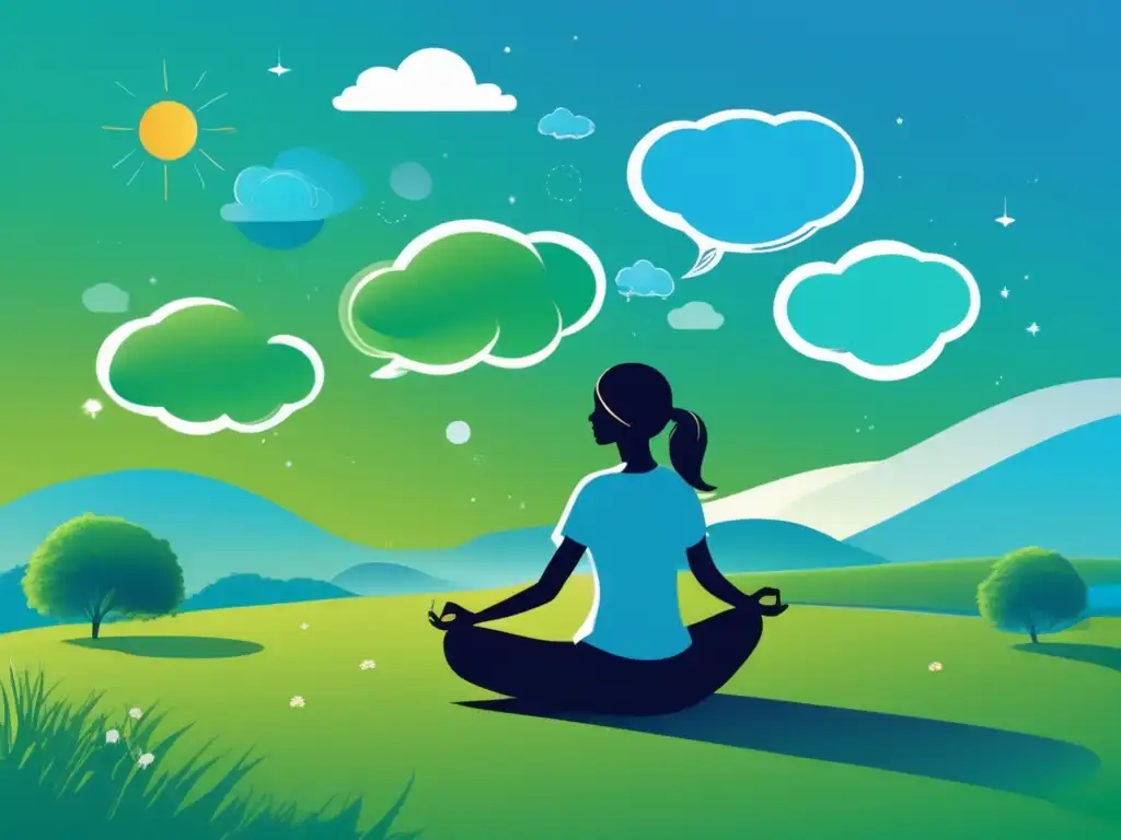 Paz y claridad en la elección de carrera Técnicas de mindfulness para elección de carrera- Imagen: Serenidad en un paisaje verde y azul con alguien meditando y pensando en opciones laborales