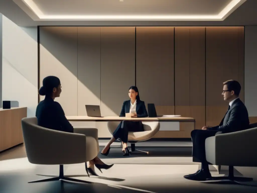 Persona en sala de estudio moderna Técnicas de conversación para entrevista de admisión en un estudio moderno y minimalista con una persona y un oficial de admisiones