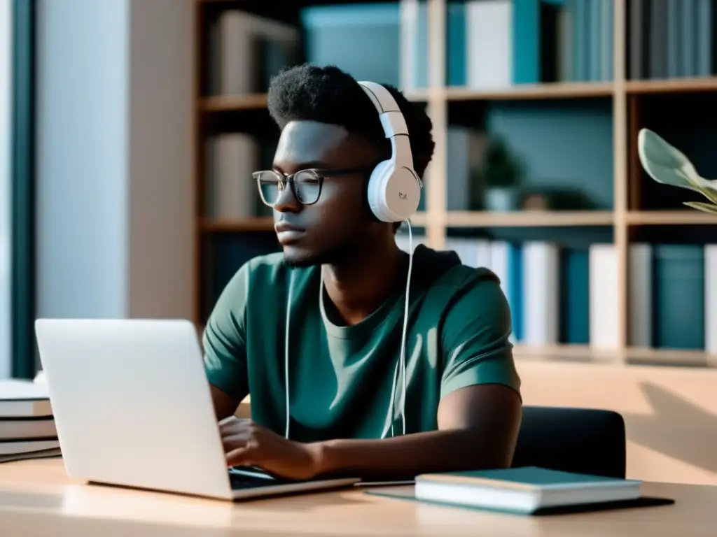 Estudiante universitario enfocado en su escritorio Técnicas de disciplina para estudiantes universitarios: un estudiante enfocado en un escritorio organizado con laptop, libros y planificador