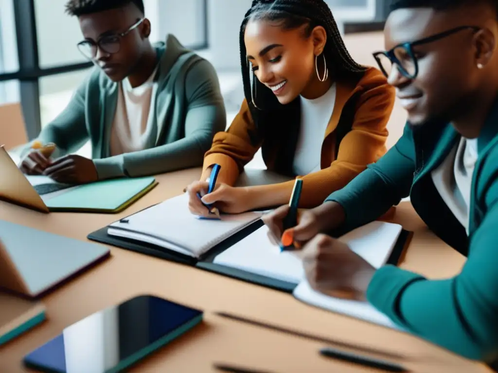 Estudiantes colaborando en proyecto Técnicas innovadoras para proyectos preuniversitarios: estudiantes diversos colaborando en un proyecto