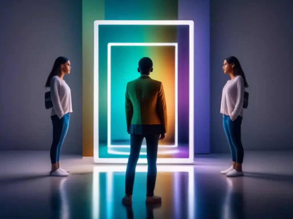 Autorreflexión intensa con emociones coloridas Técnicas de inteligencia emocional para entrevistas universitarias - Persona reflexionando frente a un espejo, emociones en colores