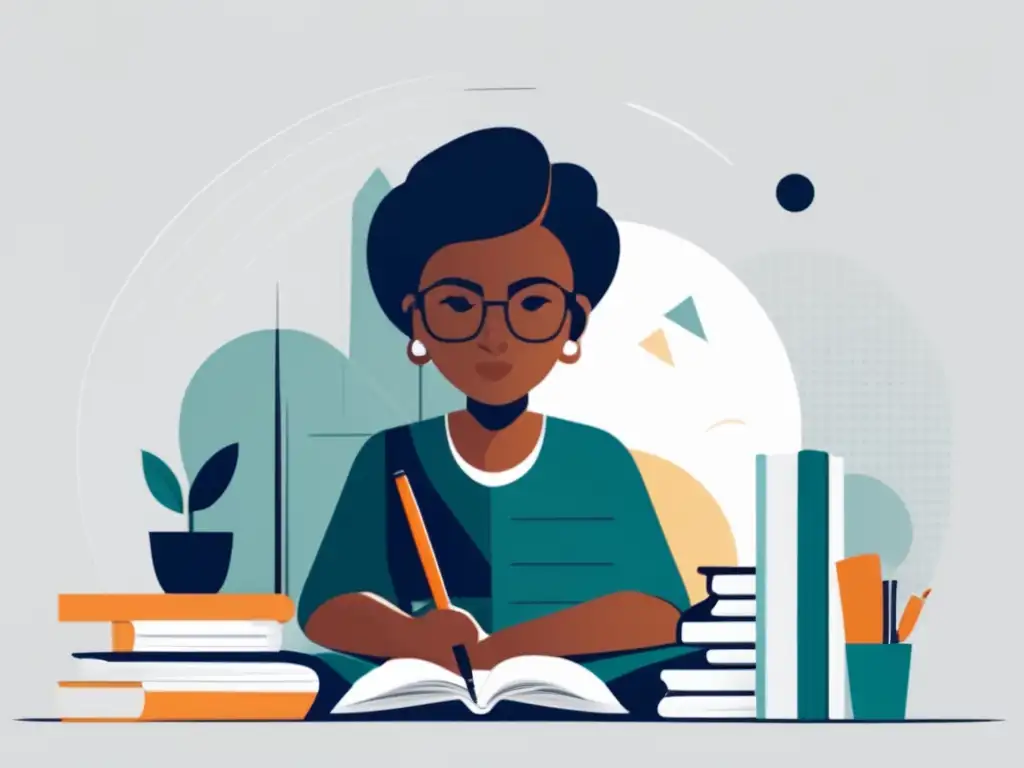 Estudio enfocado y determinado Técnicas para superar miedo a exámenes: persona enfocada en escritorio rodeada de libros y materiales de estudio