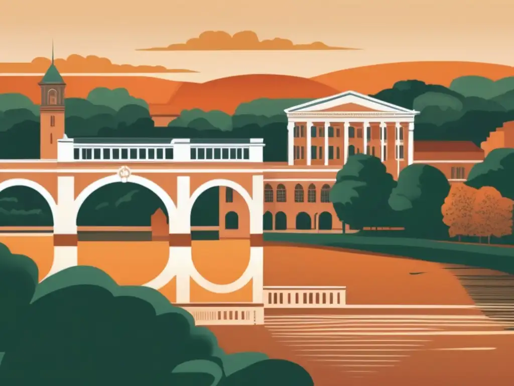 Campus universitario de Brown al atardecer Técnicas admisión universidad Brown, ilustración minimalista del campus al atardecer, edificios icónicos destacan en cielo naranja