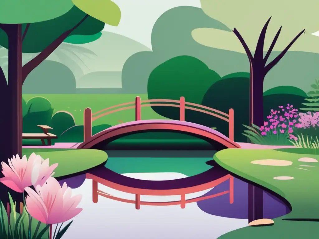 Jardín tranquilo con arroyo y puente Técnicas de relajación para entrevistas universitarias en un jardín tranquilo y sereno