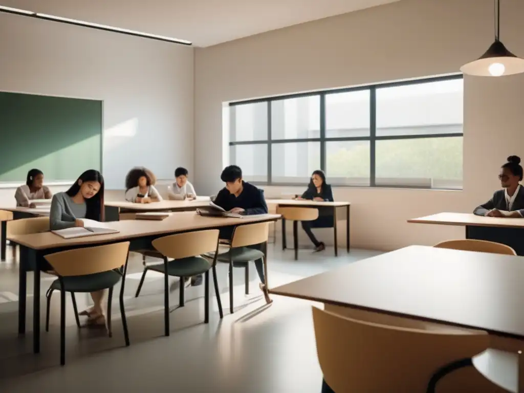 Aula serena con estudiantes concentrados Técnicas de relajación para exámenes universitarios en un aula tranquila y luminosa