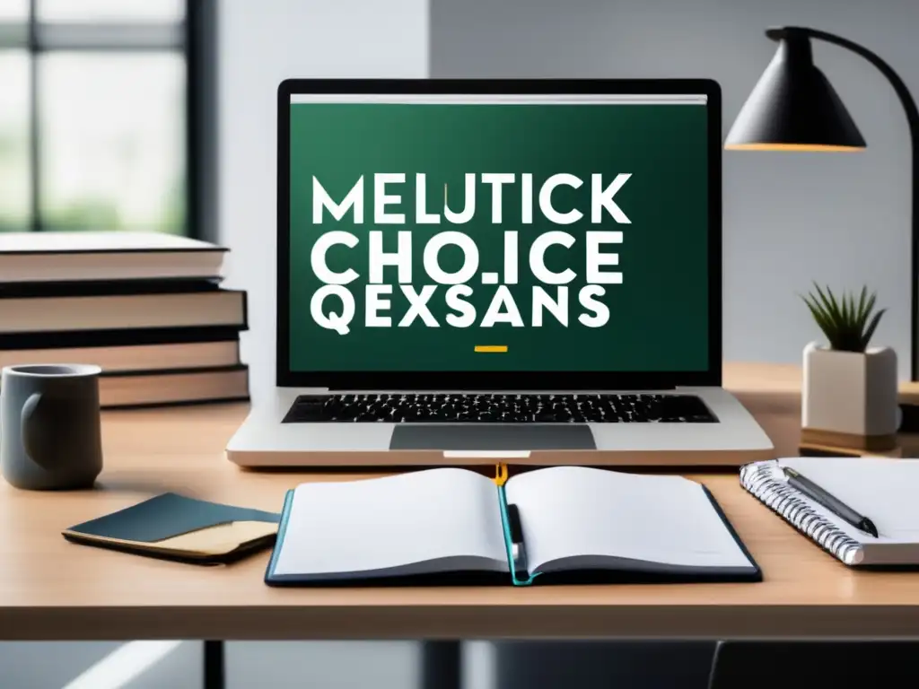 Preparación y enfoque: Escritorio minimalista para exámenes Técnicas de respuesta para exámenes universitarios: Escritorio organizado con laptop, libros y preguntas de opción múltiple