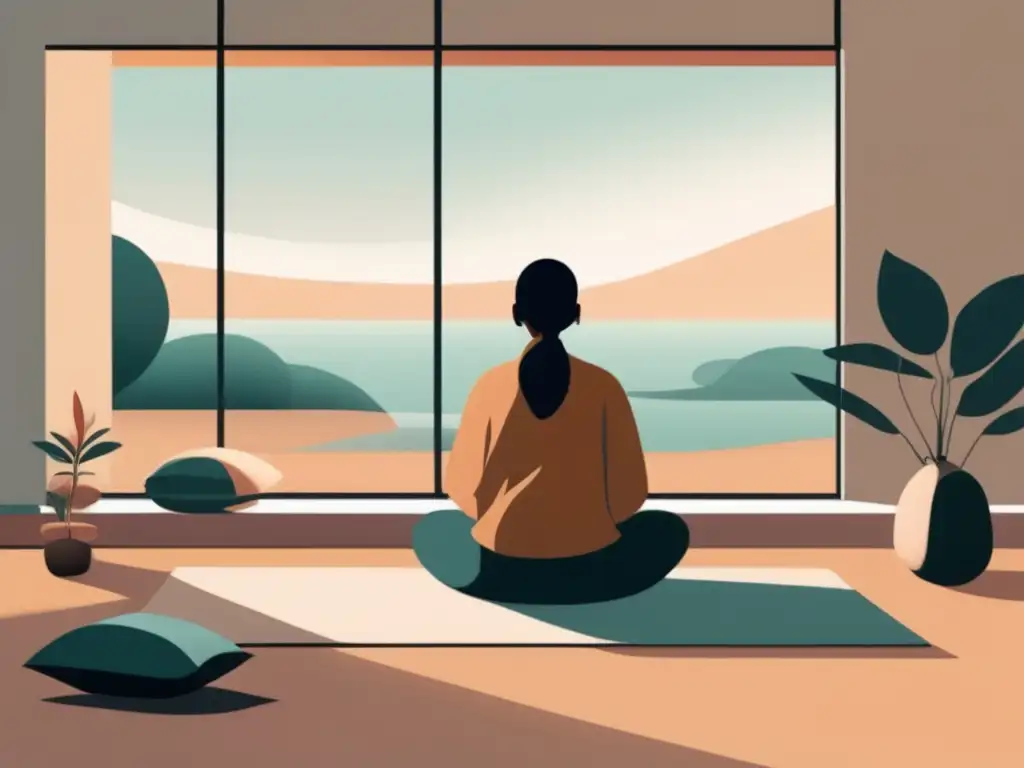 Meditación y calma en una habitación serena Técnicas Mindfulness: Serenidad y calma en una sala de luz natural, con figura meditando