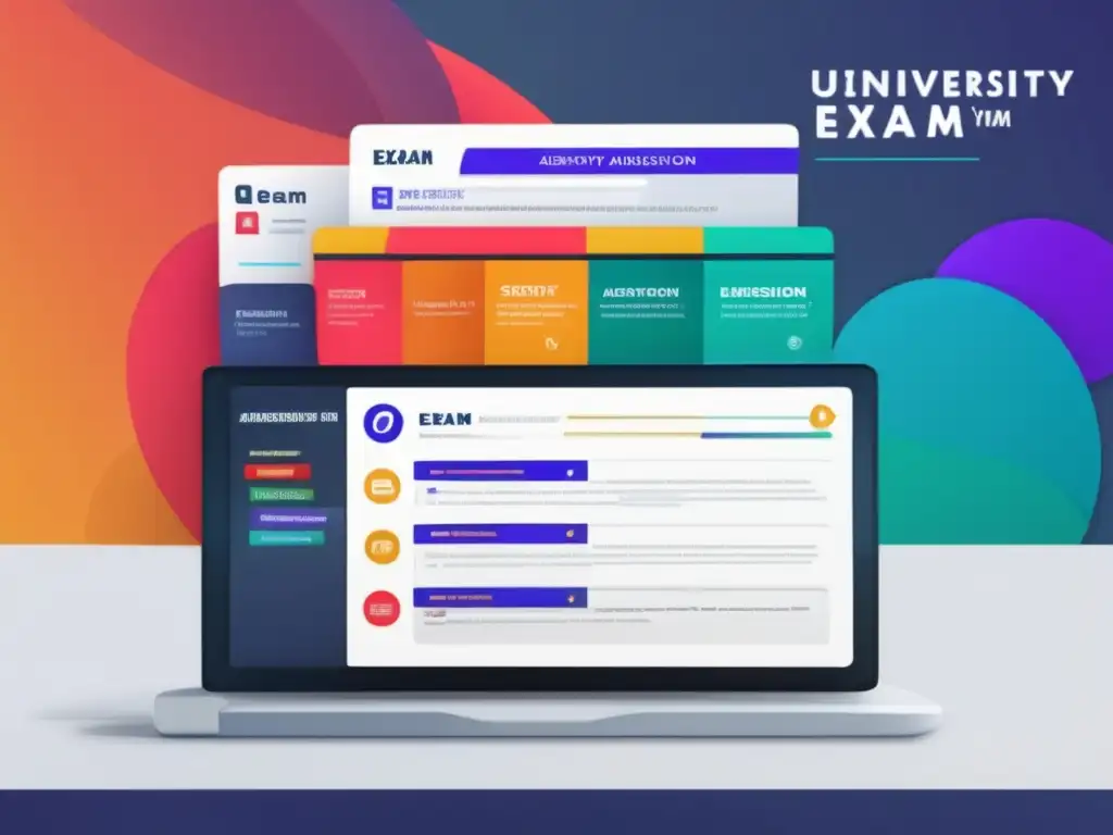 Examen de admisión universitaria interactivo Tecnología en exámenes de admisión universitaria: pantalla de ordenador moderna, colores vibrantes, examen interactivo y diseño minimalista