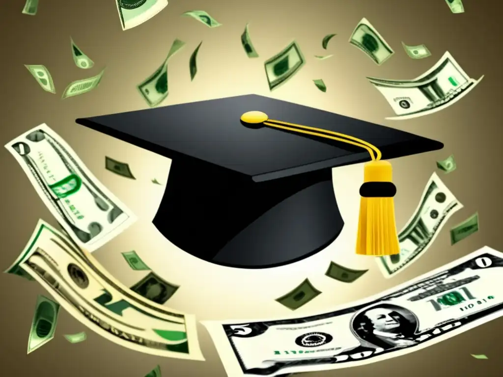 Éxito académico y financiero: el impacto de la educación Tendencias financiamiento estudios universitarios: Graduación con birrete flotando rodeado de billetes, símbolo educación y dinero