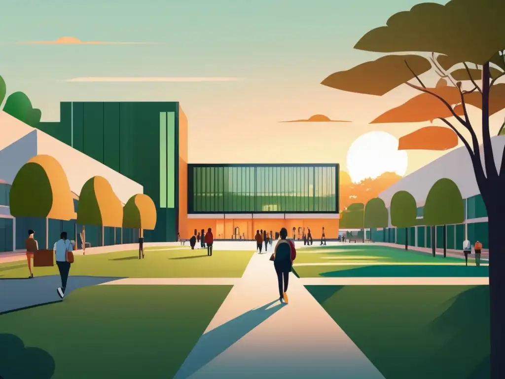 Campus universitario al atardecer Tranquilidad y ambiente académico de una universidad prestigiosa - Importancia del dominio del idioma