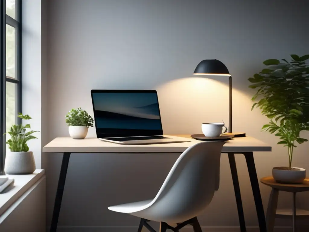 Espacio de trabajo minimalista y sereno Tranquilo y productivo espacio de trabajo minimalista con laptop, té y planta