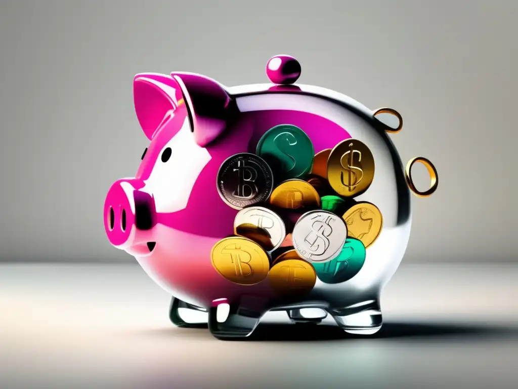 Hucha transparente con monedas coloridas Piggy bank transparente con monedas coloridas, simbolizando alternativas para financiamiento educativo