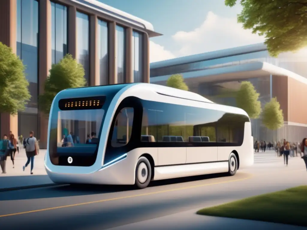 Autobús eléctrico futurista en campus universitario Transporte universitario eficiente fuera del campus