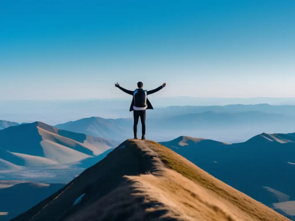 Conquista tus miedos y triunfa Triunfo en superar miedo a exámenes: persona confiada en la cima de una montaña con cielo azul y vista panorámica