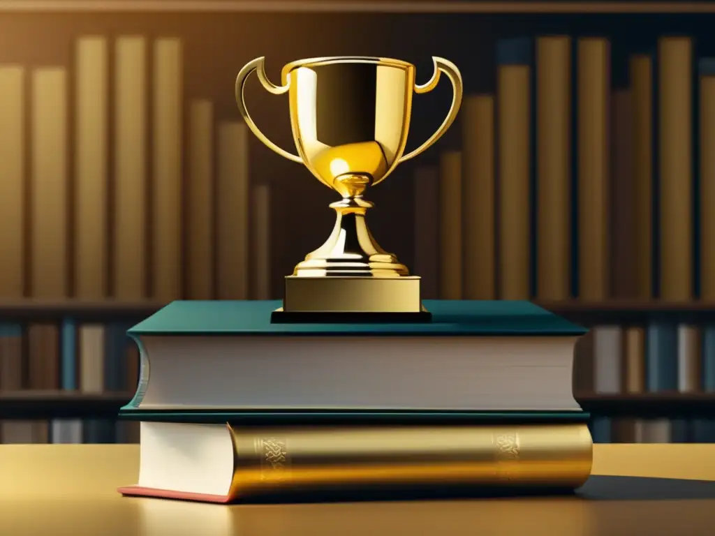 Trofeo dorado sobre libros Trofeo dorado sobre libros, representando excelencia académica y beneficios de becas