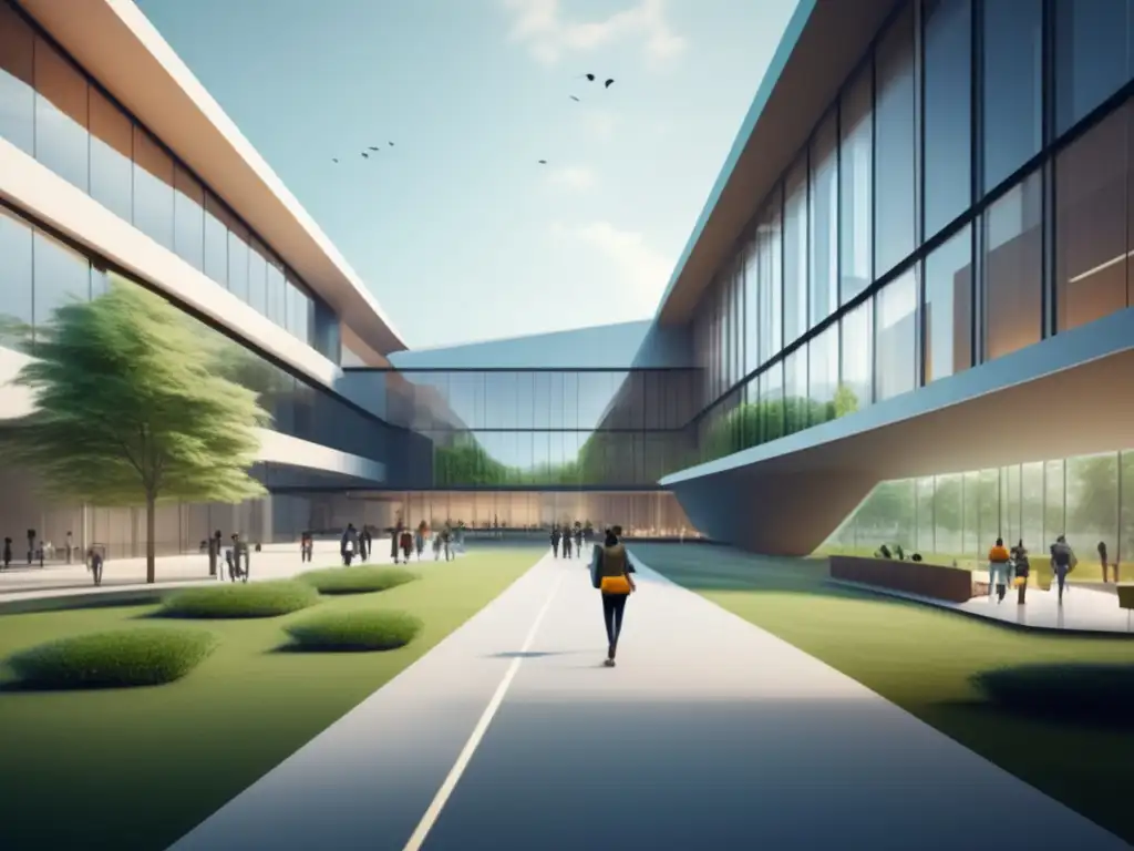 Campus universitario moderno y minimalista Universidad con arquitectura futurista y estudiantes, simbolizando admisión automática en universidades