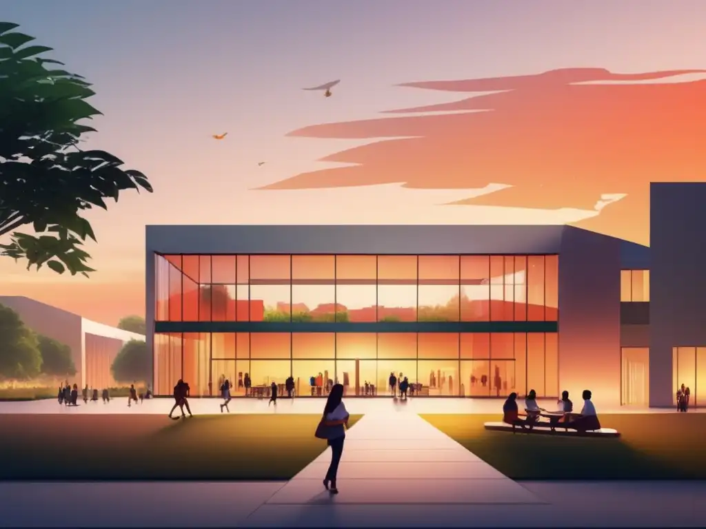 Universidad moderna y vibrante al atardecer Universidad con arquitectura moderna y estudiantes diversos, simbolizando leyes educativas y elección universitaria