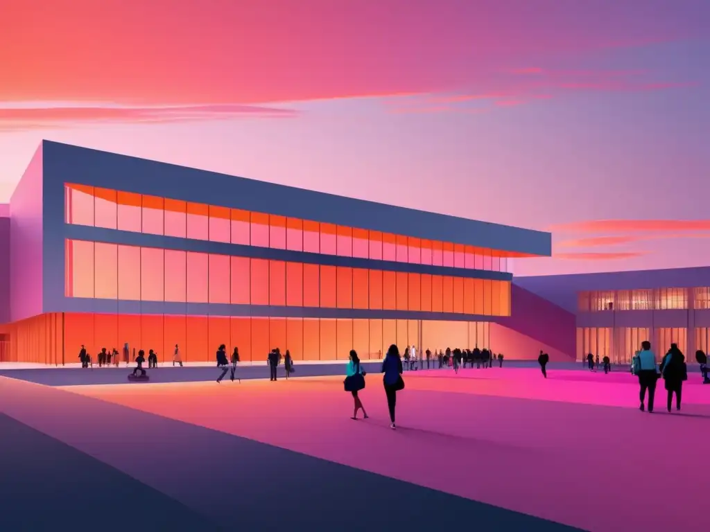 Campus universitario moderno al atardecer Universidad con arquitectura moderna y estudiantes en actividades, reflejando el poder de las plataformas virtuales en admisiones