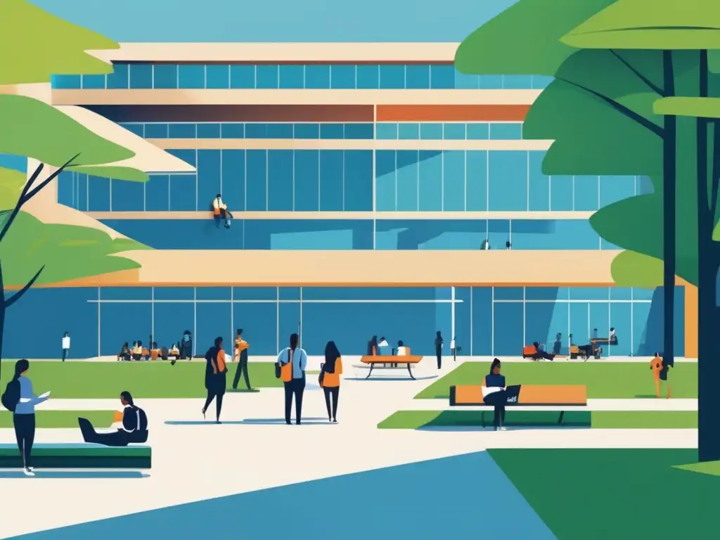 Campus universitario vibrante con estudiantes diversos Universidad con arquitectura moderna rodeada de naturaleza exuberante y estudiantes diversos