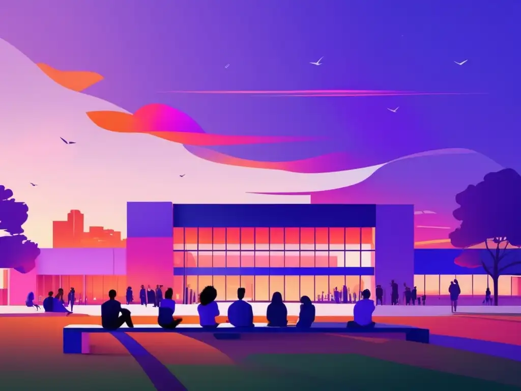 Un campus universitario moderno al atardecer Universidad al atardecer: armonía entre vida social y preparación universitaria