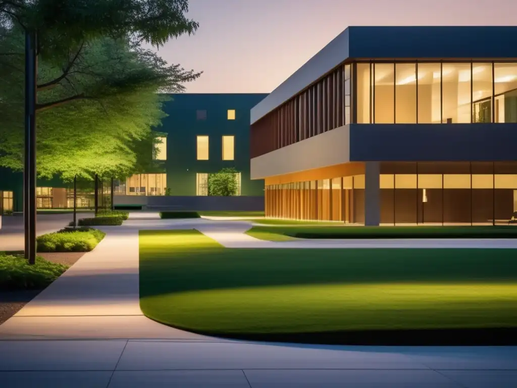 Universidad al atardecer Universidad al atardecer: arquitectura moderna y naturaleza, evoca estrategias de admisión universitaria