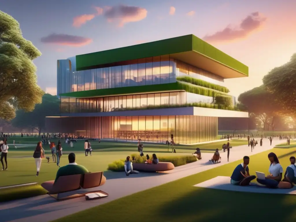 Universidad al atardecer: moderna arquitectura y espacios verdes Universidad al atardecer con arquitectura moderna, espacios verdes y protección de datos en universidades