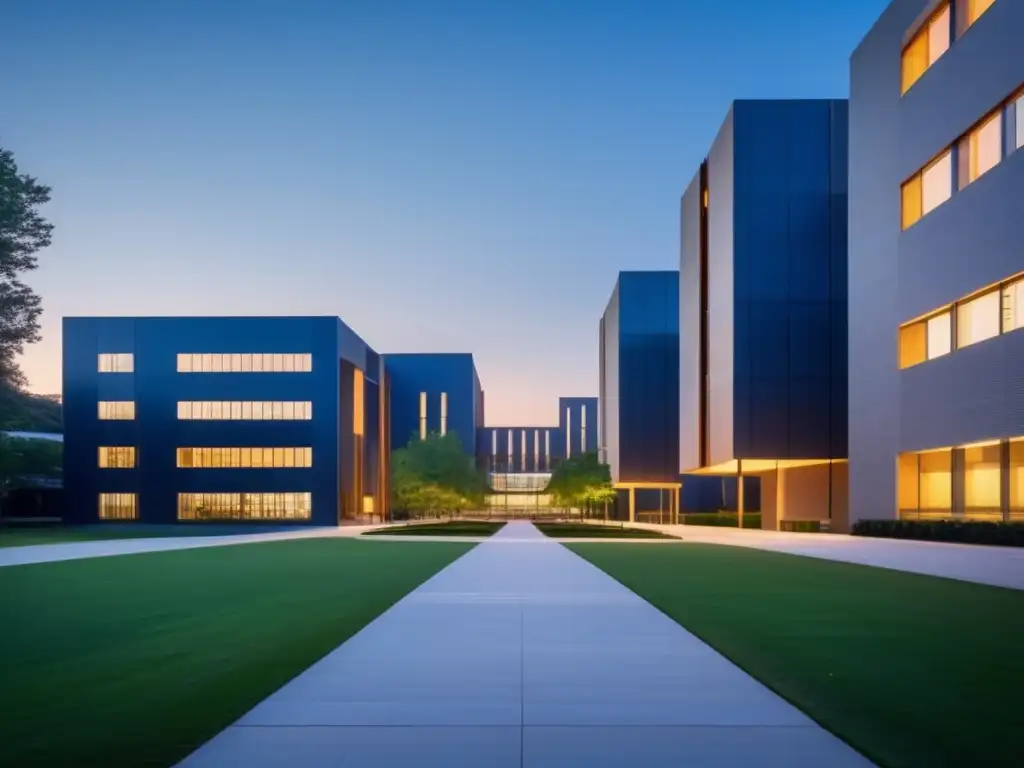 Campus universitario iluminado al atardecer Universidad al atardecer, arquitectura simétrica, ambiente tranquilo