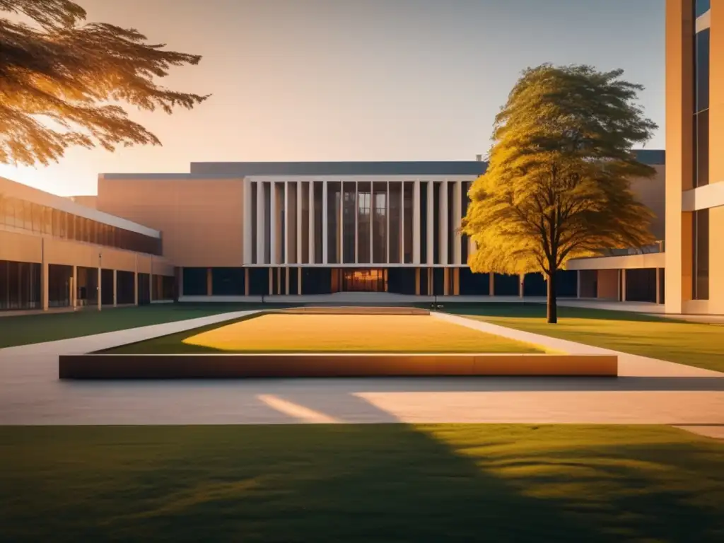 Campus universitario al atardecer Universidad al atardecer: un campus moderno y minimalista con arquitectura impresionante, estudiantes caminando y un ambiente académico próspero