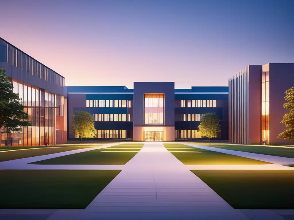 Un campus universitario moderno al atardecer Universidad al atardecer con diseño minimalista y sombras largas